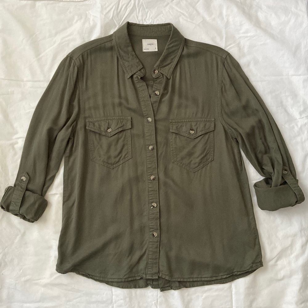 Super soft green button up! The sleeves also roll up and fasten with a button!